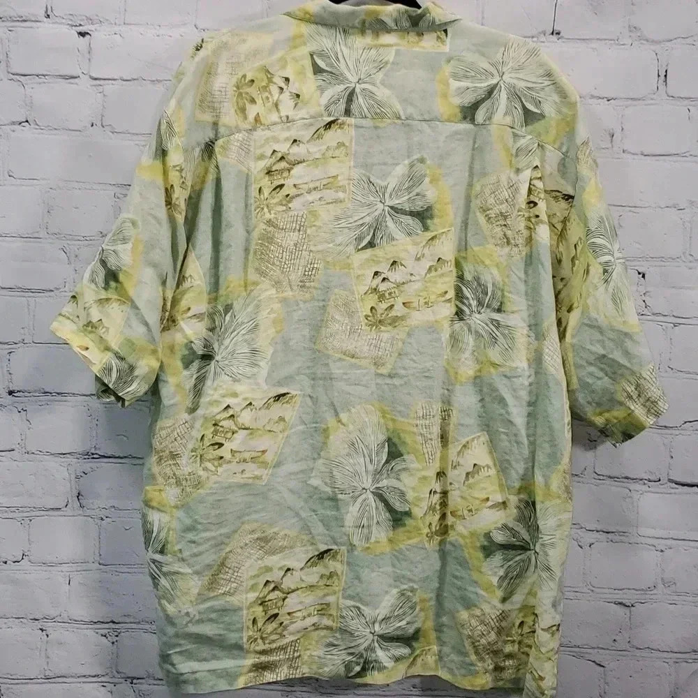 Tommy Bahama Floral Green Hawaiian Short Sleeve 100% Linen Shirt Green Yellow XL - Picture 9 of 11